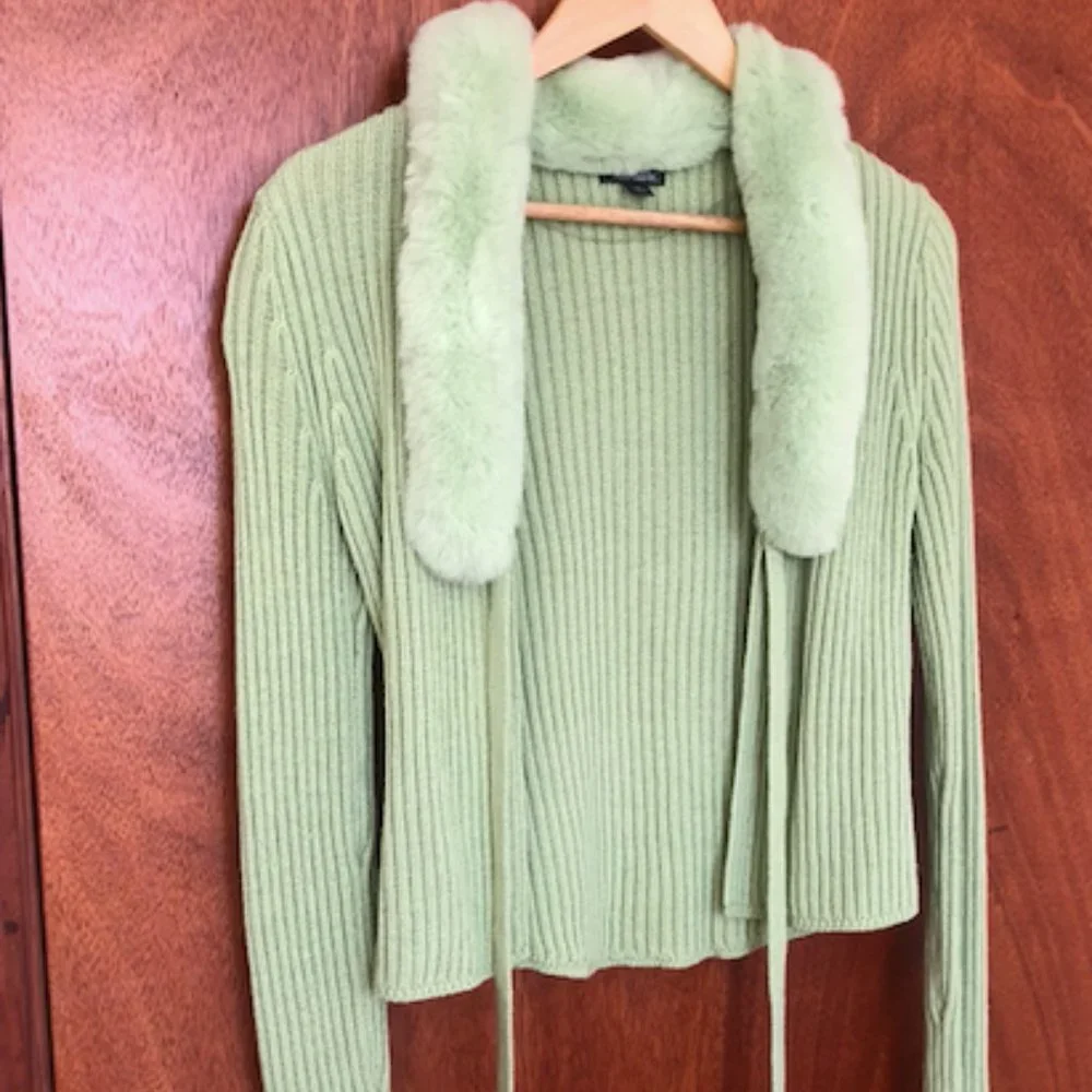 SOLD wild fable Faux-Fur Tie-Front Sweater / Medium / Green - Picture 1 of 3